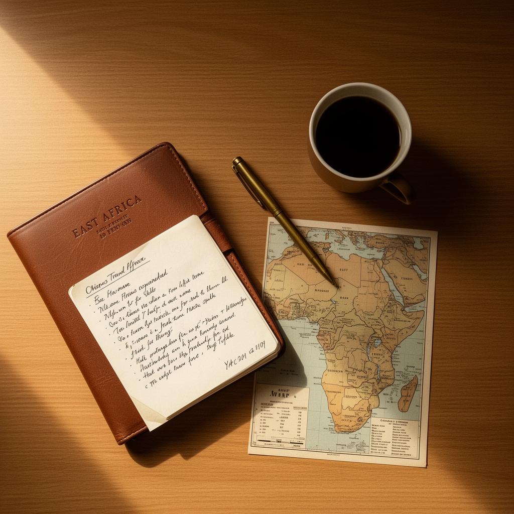 Travel planning scene with notebook, map and coffee